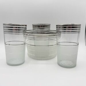 Vintage Macbeth Evans Frosted Glass Platinum Ice Bucket and 3 Glasses Set